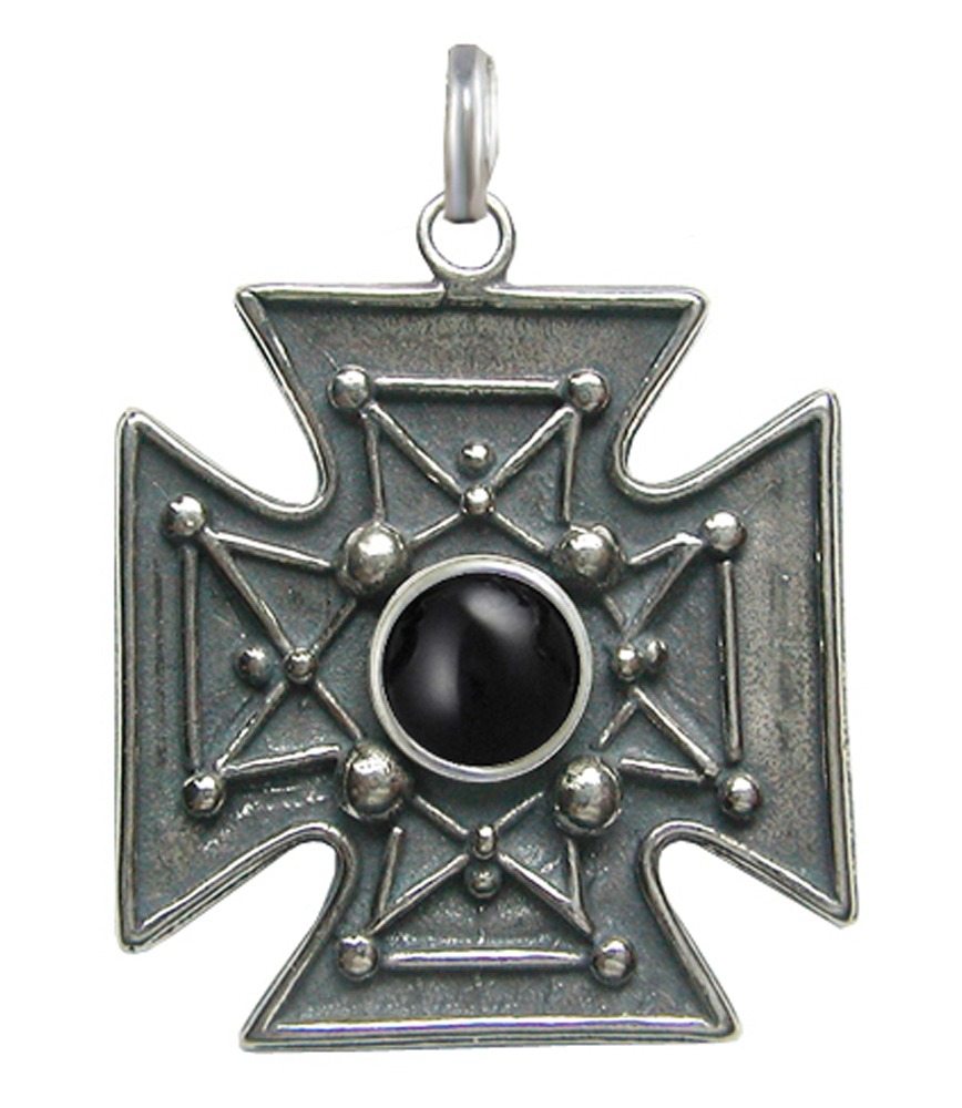 Sterling Silver Large Iron Cross Necklace With Black Onyx